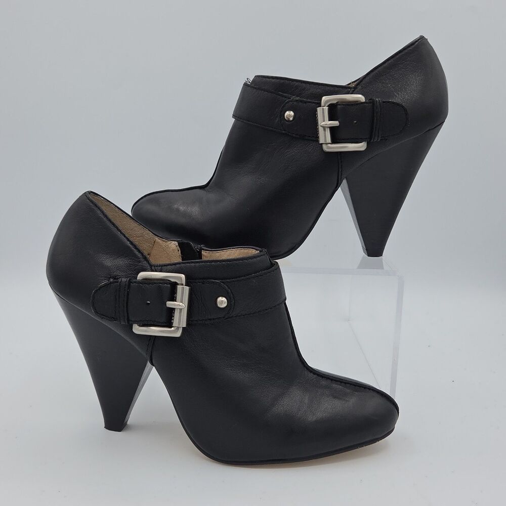 MICHAEL Michael Kors Black Leather Ankle Booties Cone Heel Buckle Shoes SZ 7M